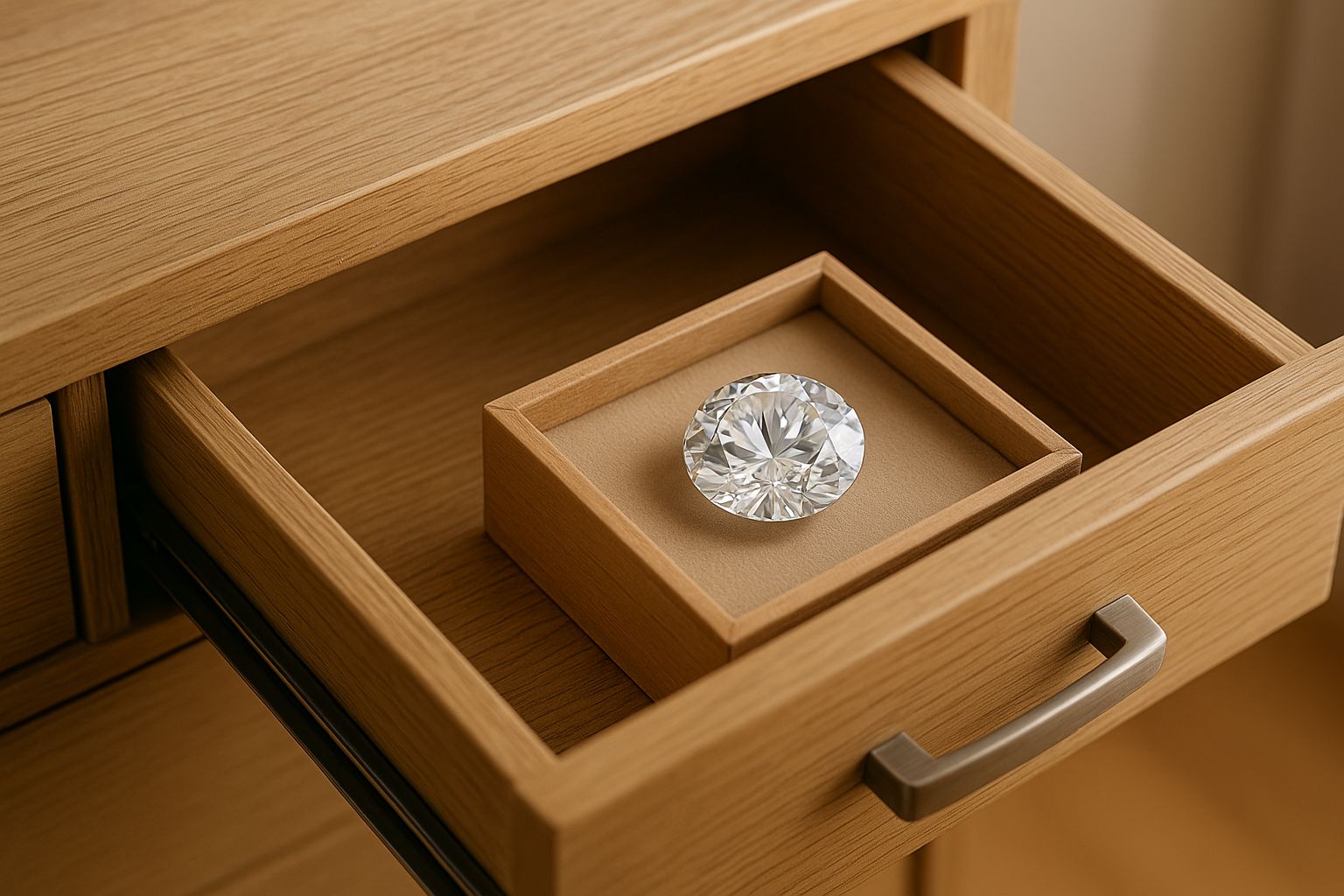 Öppnad trälåda med glittrande diamanter, säker handel symboliseras.